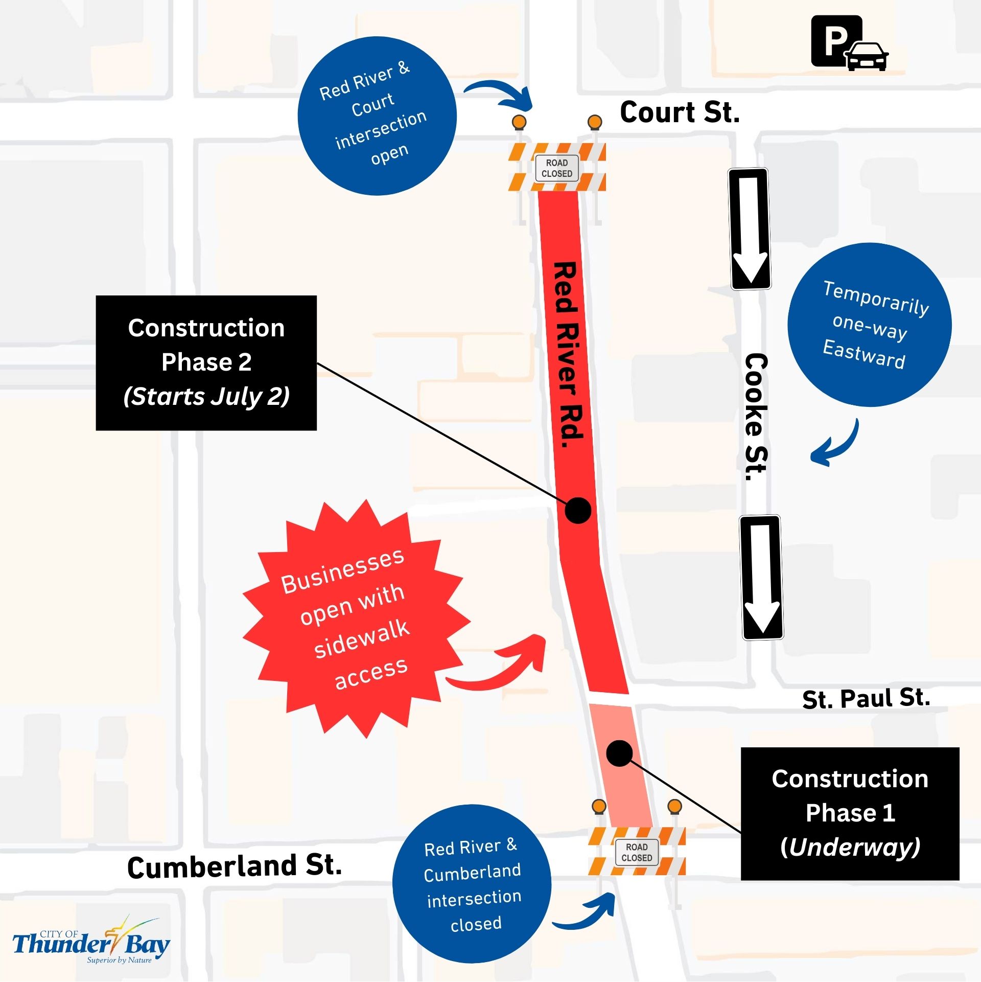 Map of North Core streets showing the closure of Red River Road between Court Street and Cumberland Street as of July 2.