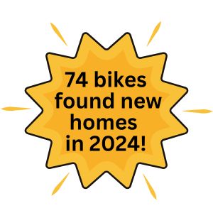starburst with text: 74 bikes found new homes in 2024