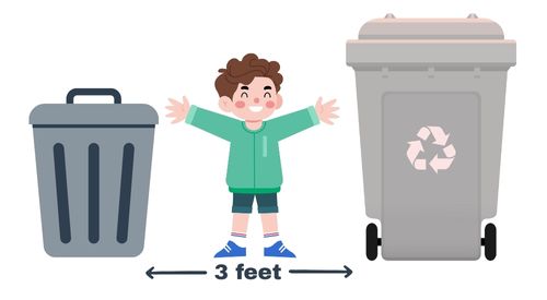 child three feet between garbage can and recycling cart