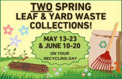TWO SPring Leaf & Yard Waste Collections - with image of kraft bag, rake, leaves and sticks 