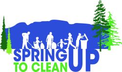 Spring Up to Clean Up logo with illustrastions of people cleaning in front of a forest