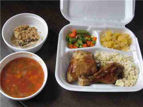 chicken, rice, vegetables, soup and dessert