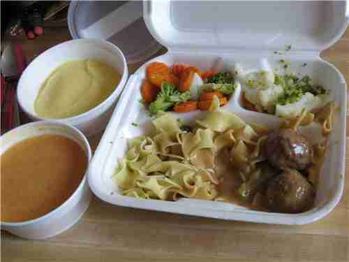 pasta, meatballs, vegetables, soup and dessert