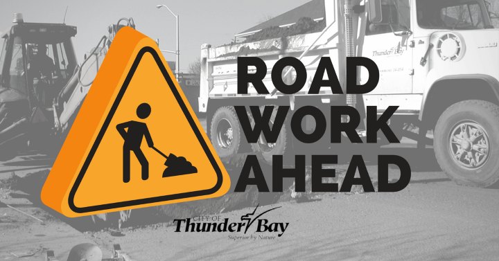 A graphic features a road work sign, with construction images in the background, and text: 