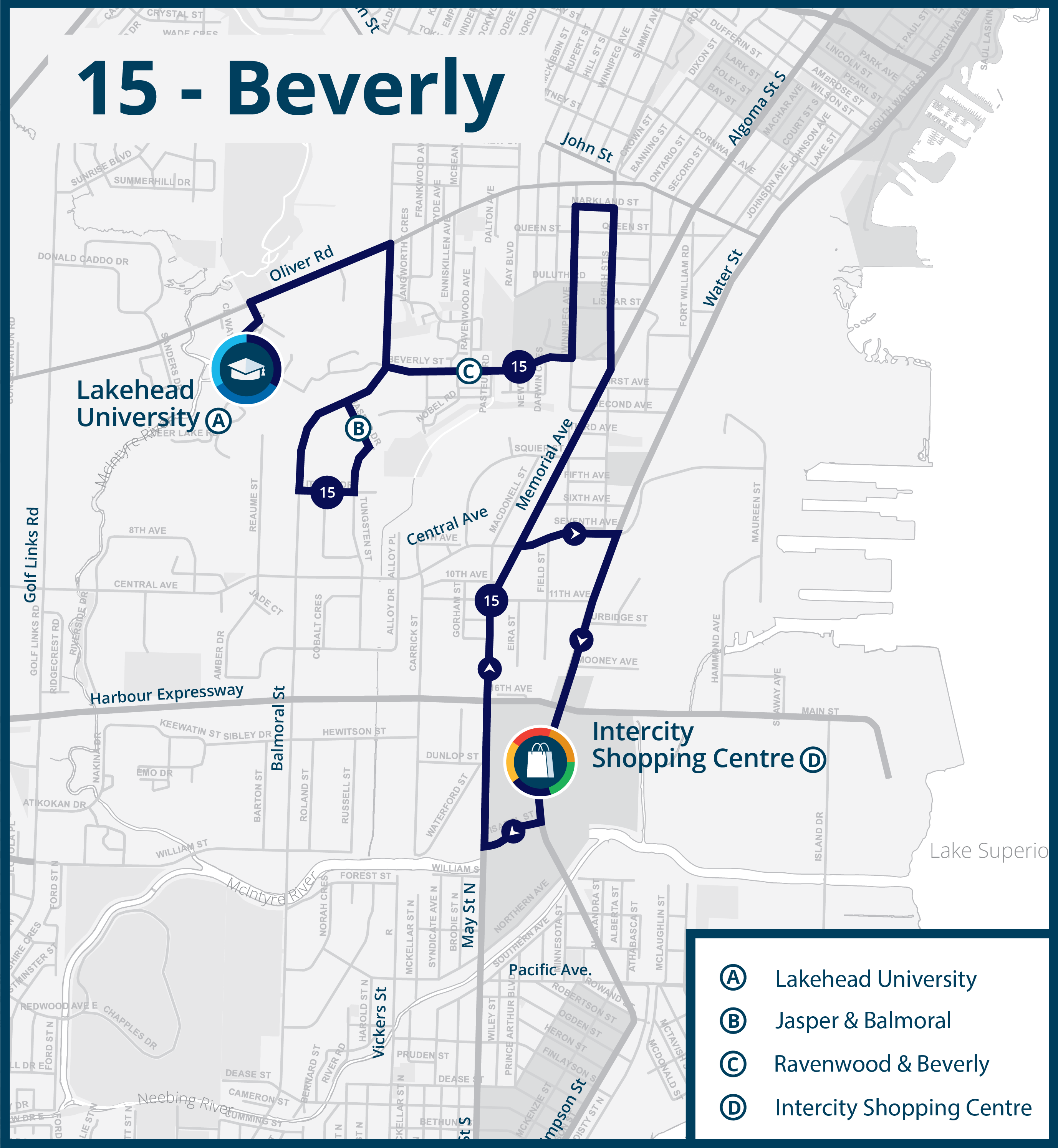 Map of Route 15 - Beverly Route map for Thunder Bay Transit Bus Route 15 - Beverly. The map shows the bus route connecting four main locations: Lakehead University (A), Jasper & Balmoral (B), Ravenwood & Beverly (C), and Intercity Shopping Centre (D).