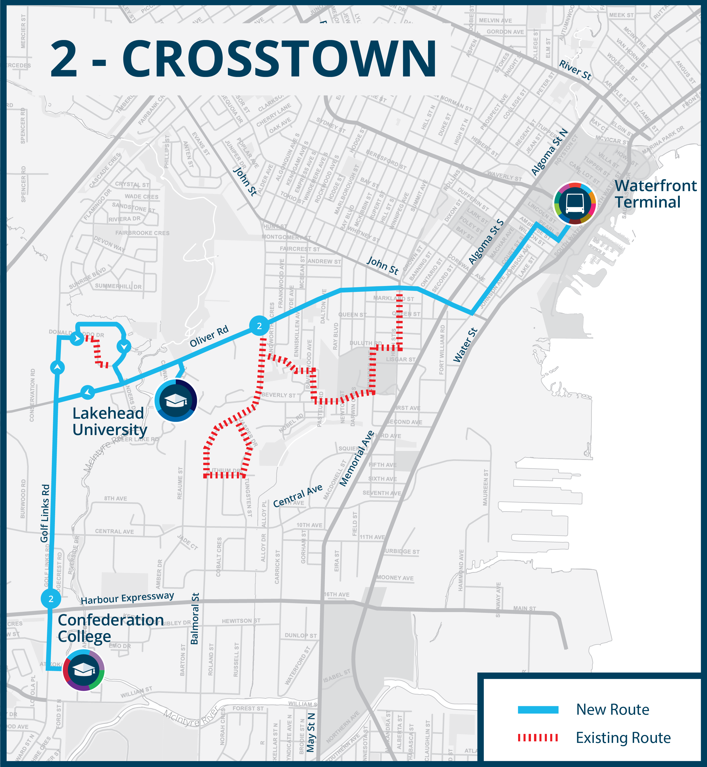 2 - Crosstown Fall 2025 a map showing the new 2 - crosstown route. a dotted line shows the existing route that will no longer be service.