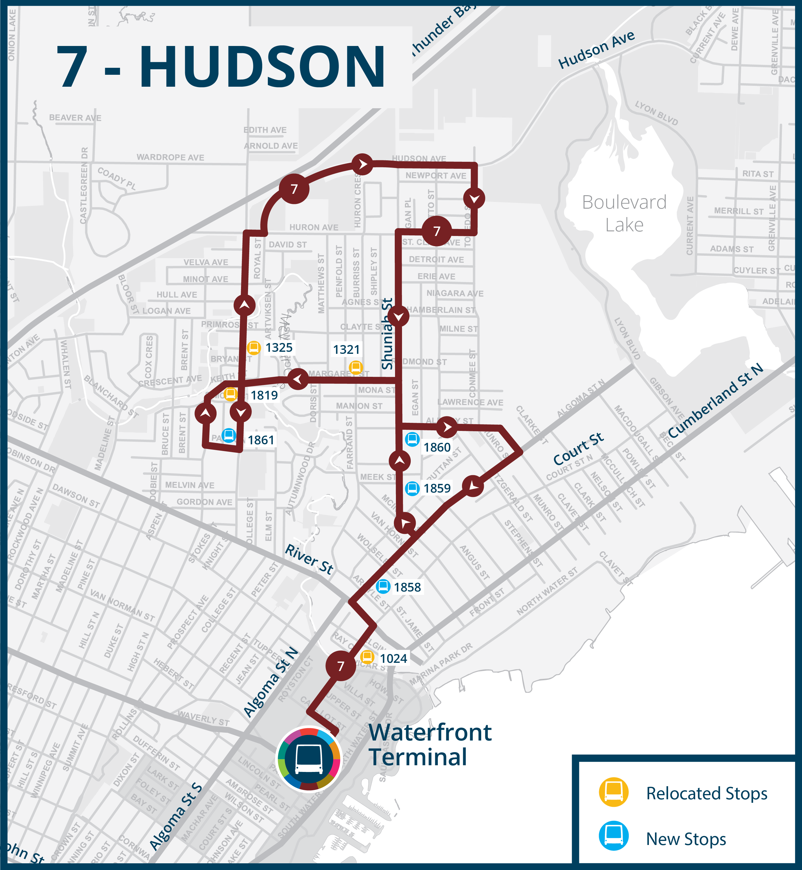 Route 7 Hudson Stop Changes Map showing the Route 7 Hudson Stop Changes