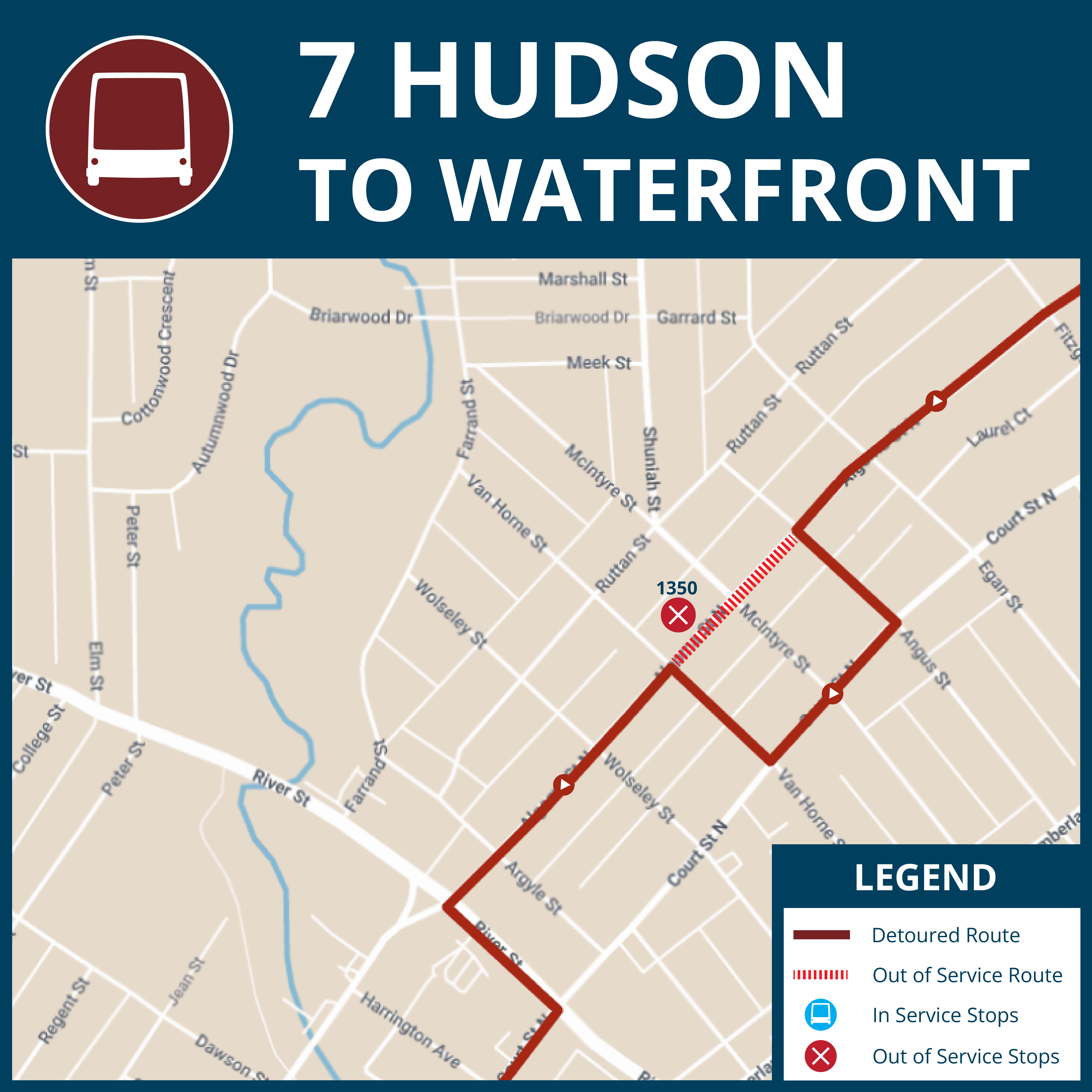 a map showing the 7 hudson detour due to algoma street construction