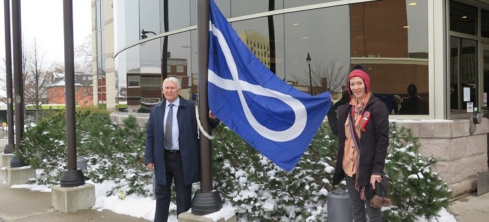 Photos of Metis Flag Raising outside Thunder Bay City Hall, with Mayor Ken Boshcoff and MNO Region President Wendy Houston