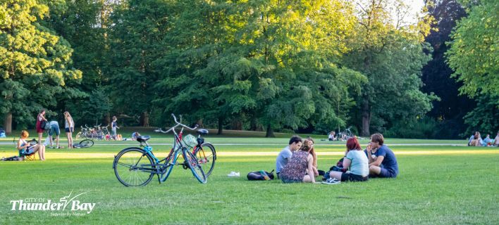 People sitting in the grass in a park 
