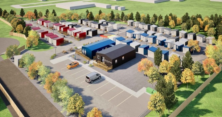 A rendering shows a potential layout for the Temporary Shelter Village, with administrative buildings and shelter units