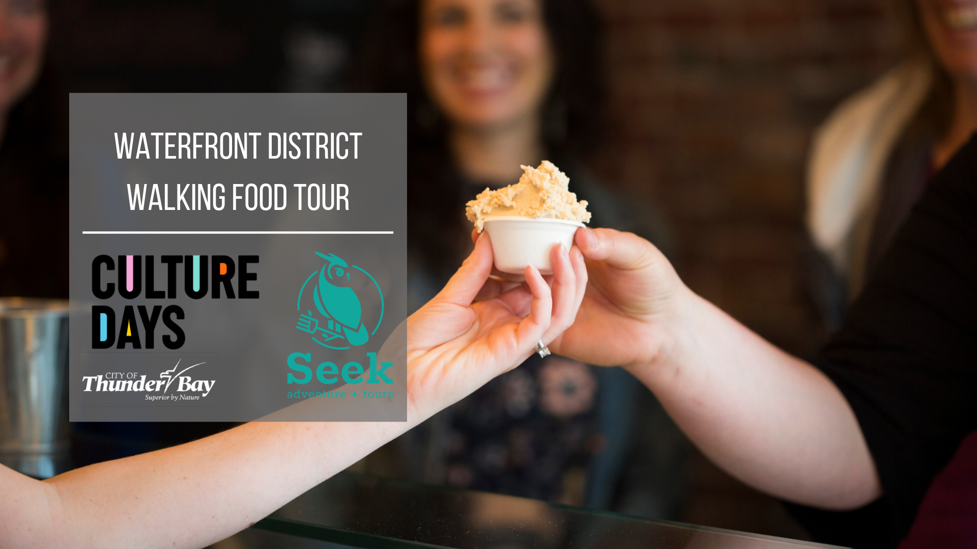 hands sharing food with title of tour overlayed