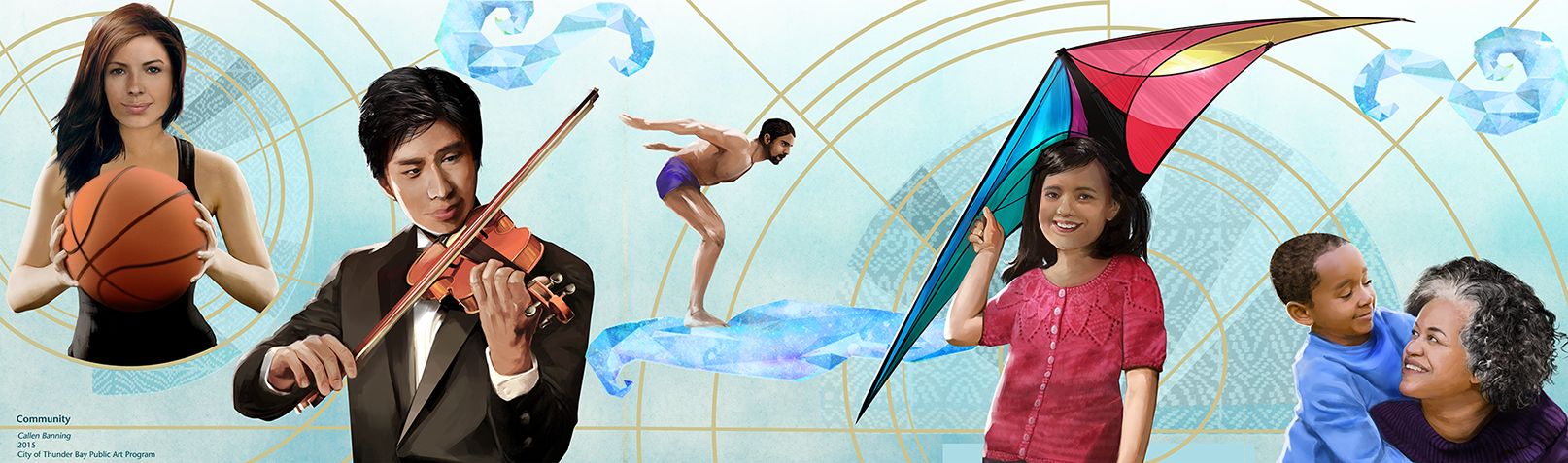 woman with a basketball, man playing violin, man about to dive, girl with a kite, grandmother with grandson