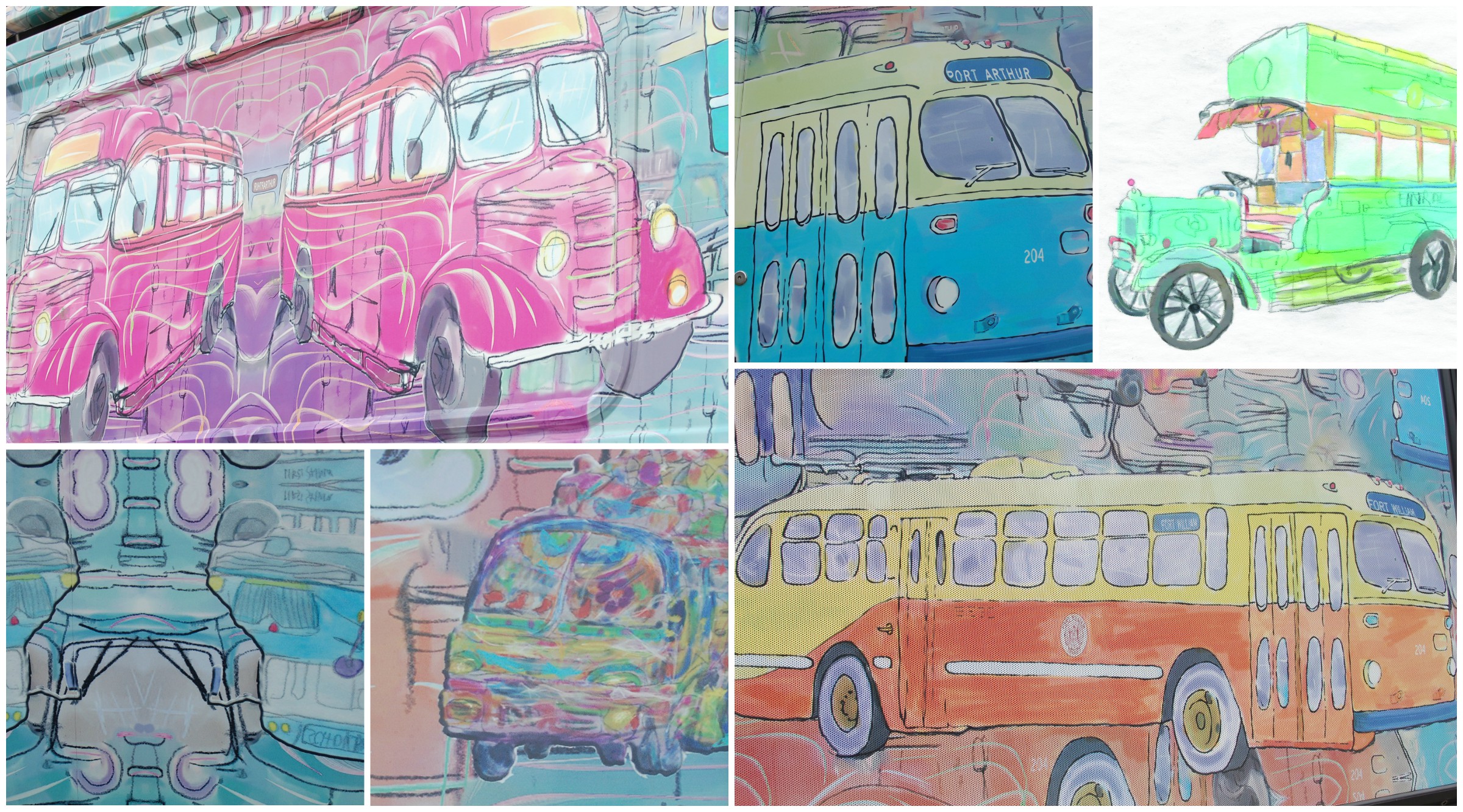 various illustrations of colourful buses