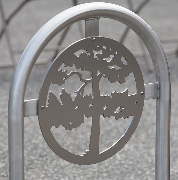 tree design carved into bike rack