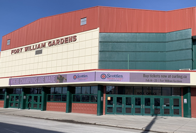 Exterior image of a green and red arena