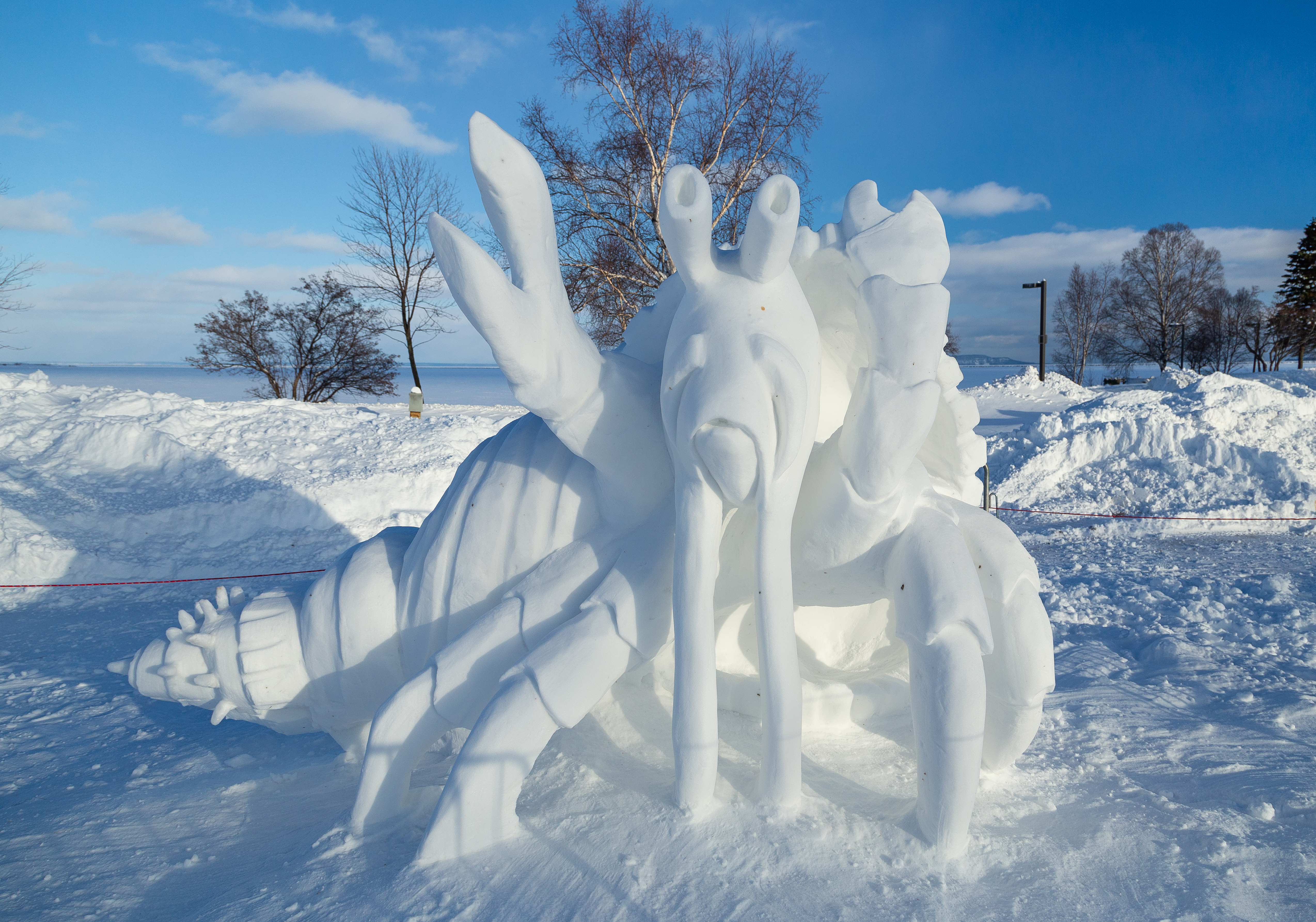 A snow sculpture of a hermit crab