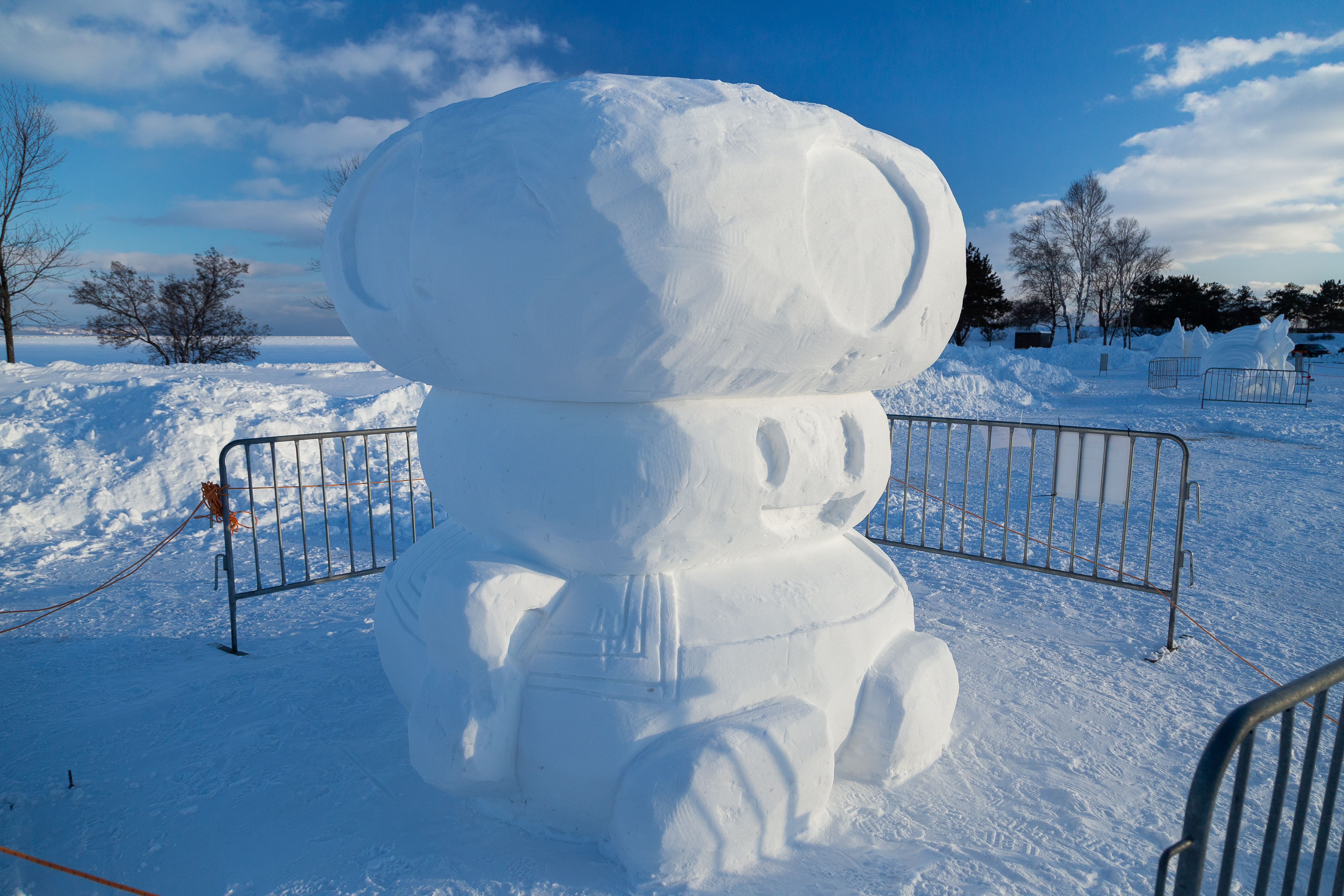 A snow sculpture of the famous Super Mario Toad character