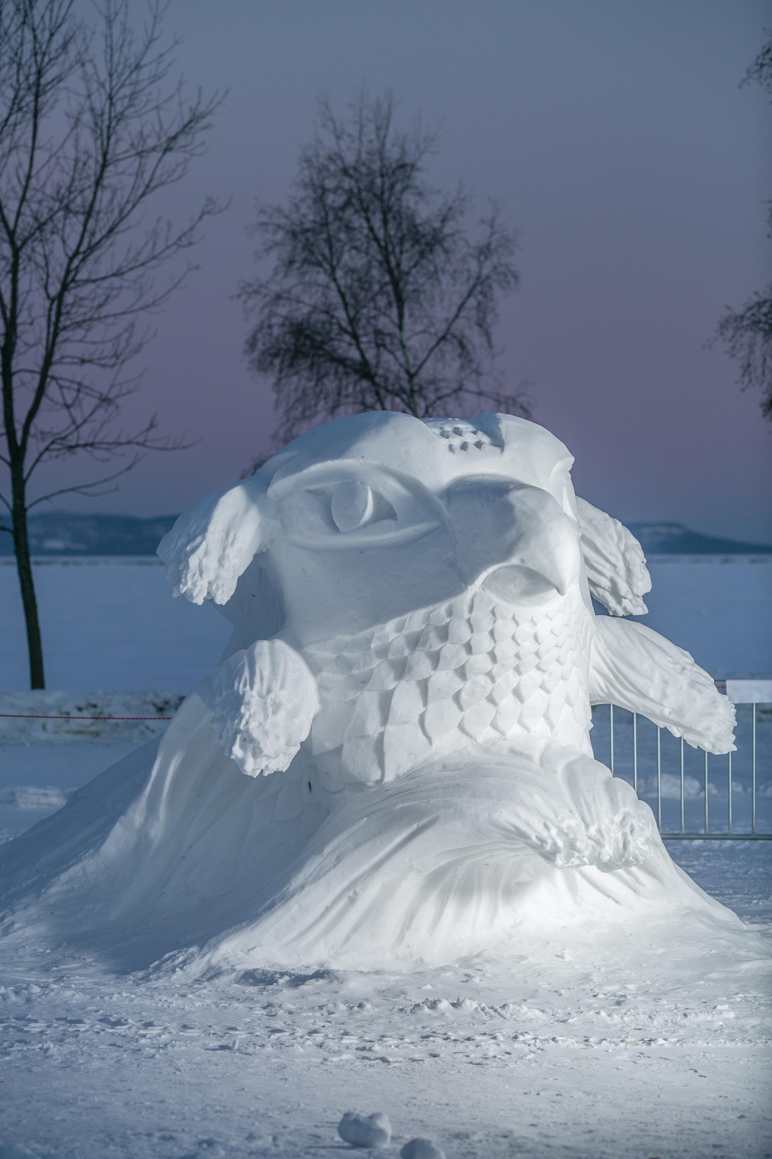 A snow sculpture of an animal figure on snowy wave