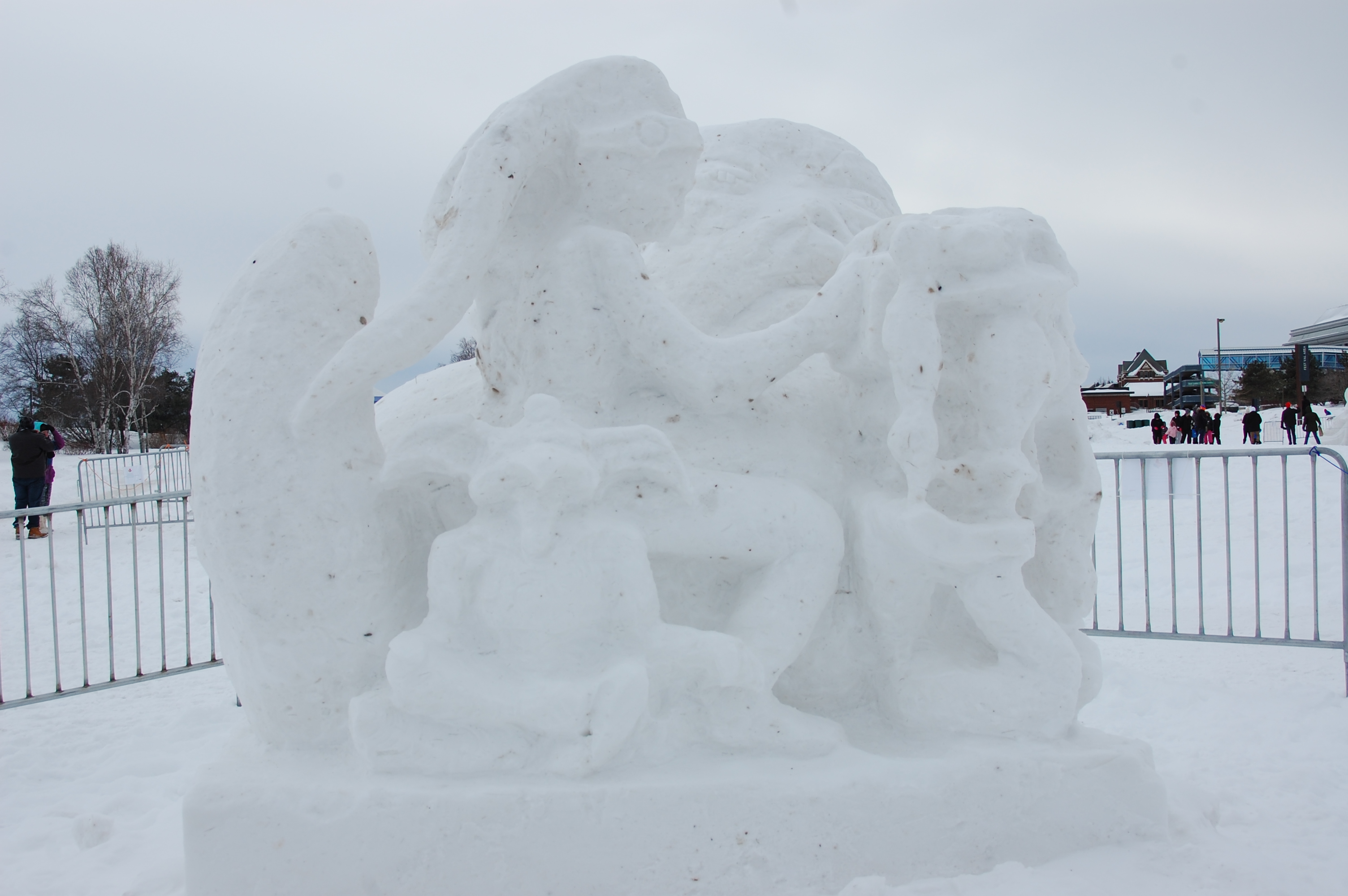 A snow sculpture of the star wars character Jaba the Hut