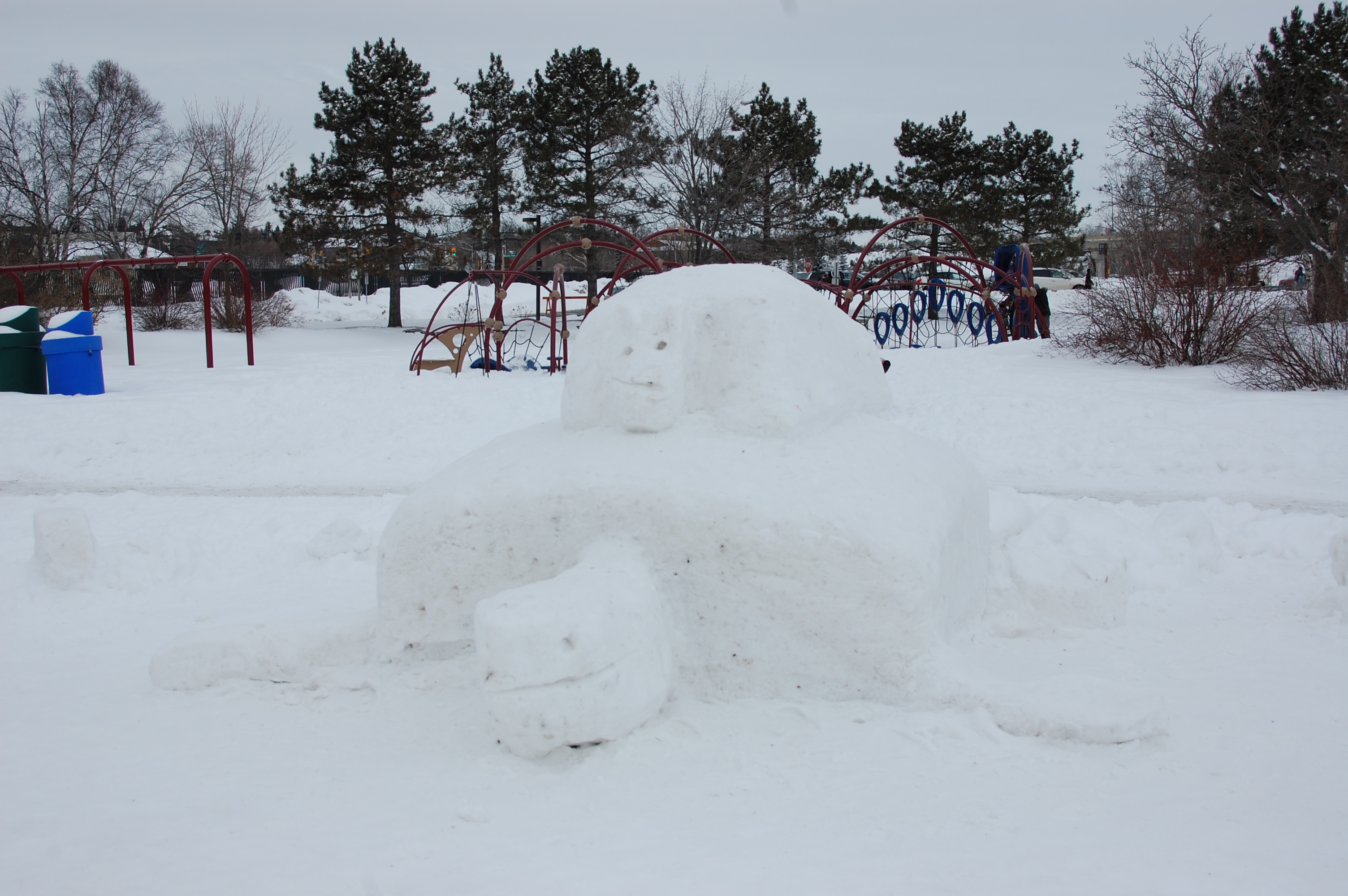 A snow sculpture of a turtle