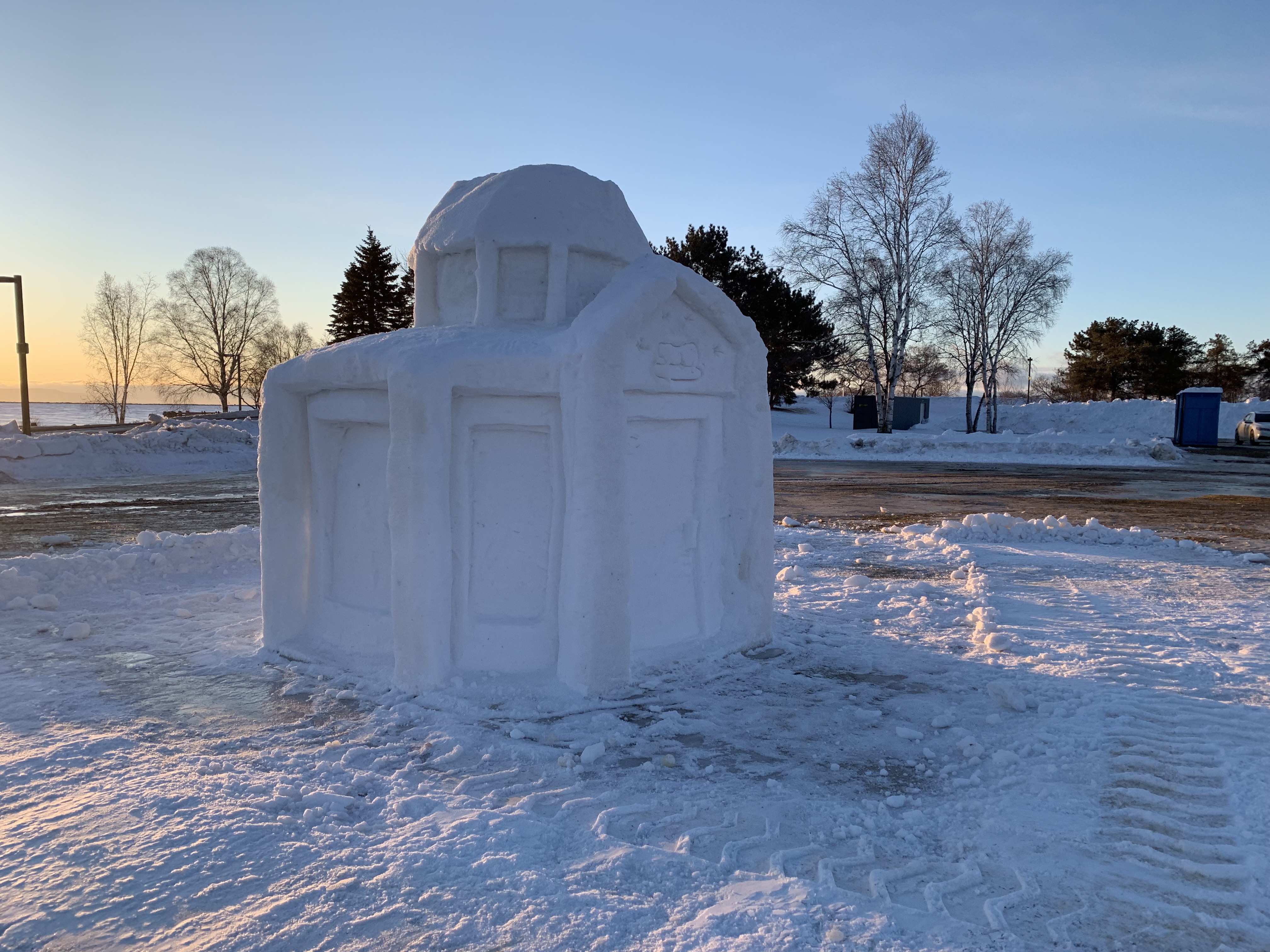 A snow sculpture of the Thunder Bay Tourist Pagoda