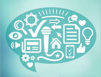 Get Involved "logo" - graphic of speech bubble with various symbols within it