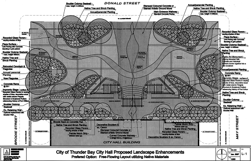 A black and white proposal for the gardens outside city hall