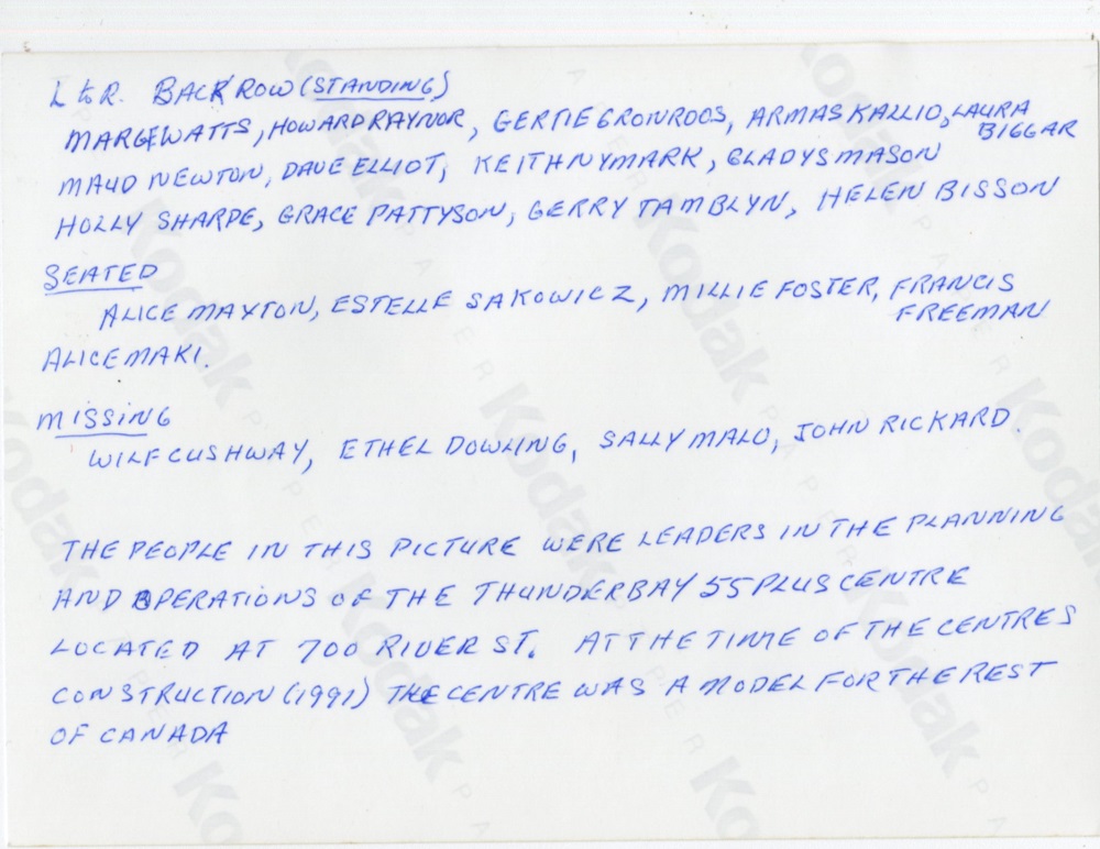 back of photo with names listed of people in photo