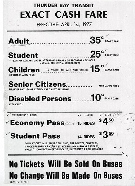 Newspaper advertisement detailing Thunder Bay Transit's introduction of exact cash fare in 1977.