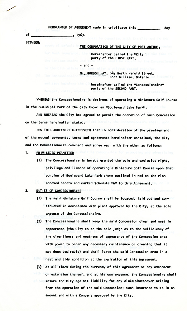 A typed document detailing the agreement to have miniature golf