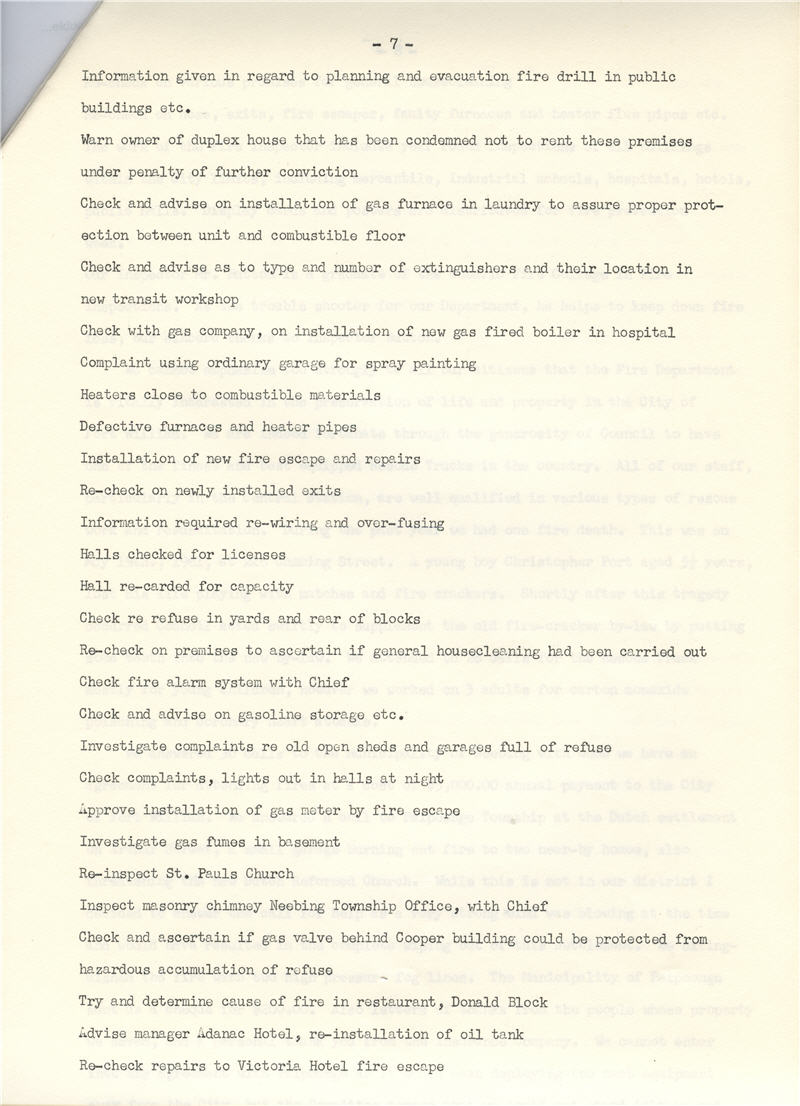 A typed document detailing the Fort William Fire Department Annual Report