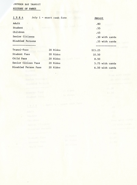 a typewritten document detailing the history of fare prices for transit 1974-1984