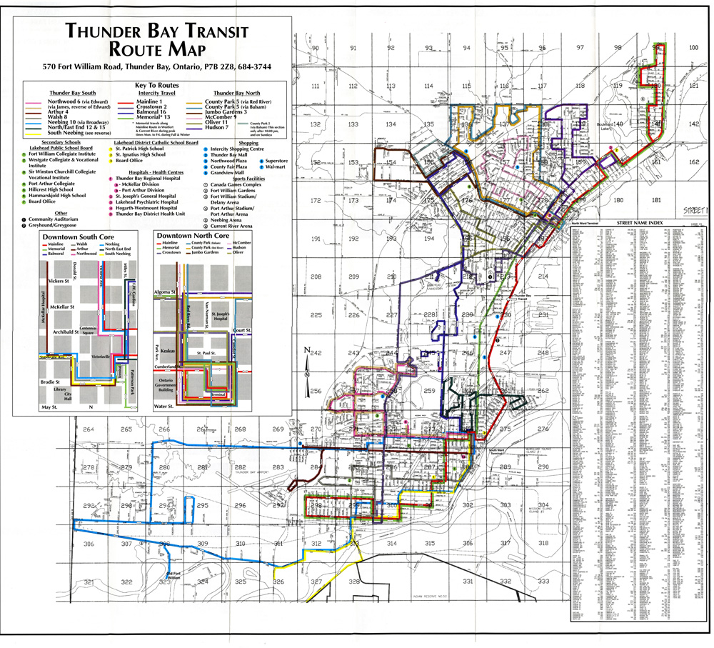 A map depicting transit routes for the City of Thunder Bay