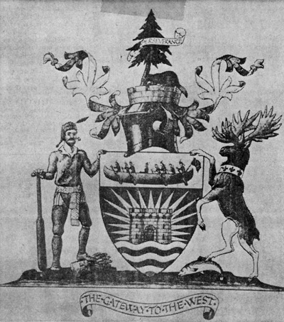 A crest with two deer on one side, a deer on the other and a beaver on top