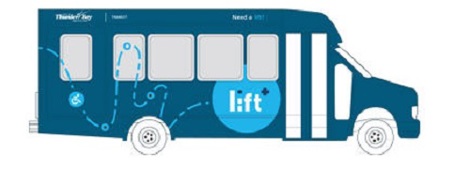 a cartoon of a blue bus with the word 'Lift' in a lighter blue circle on its side