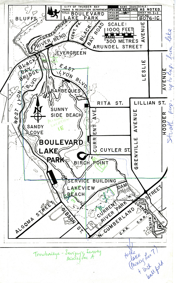 A hand drawn map of Boulevard Lake and the surrounding area