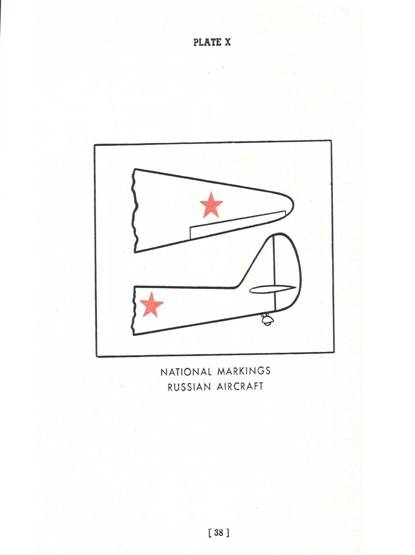 Image depicts the wing and tail of a Russian aircraft with a label under the image saying "NATIONAL MARKINGS RUSSIAN AIRCRAFT". Label at the top describes the page as PLATE X and page number at the bottom is thirty-eight.