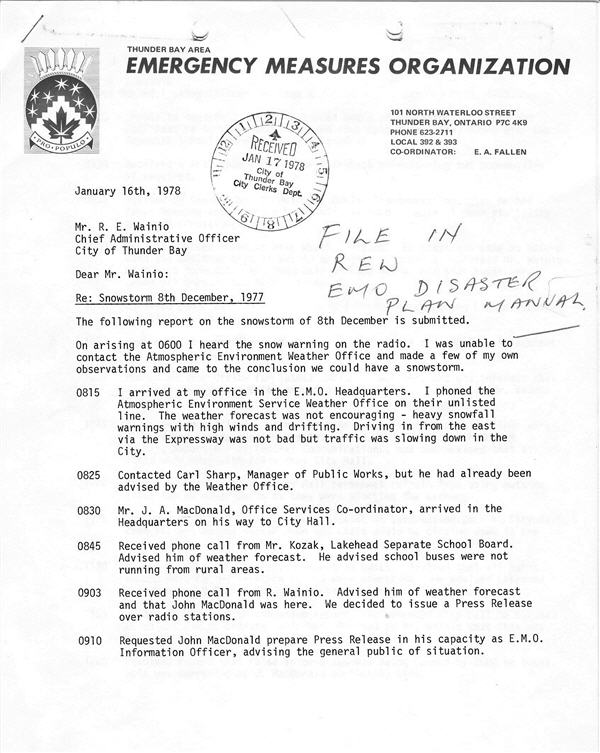 A typed case report detailing the events of the 1977 snowstorm