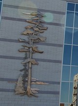 A photo of City Hall and the front facing exterior with the tree sculpture on the wall