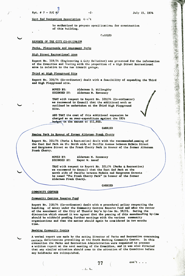 These council minutes summarize the Parks Department reports brought forward to Council on renaming the East End Park.