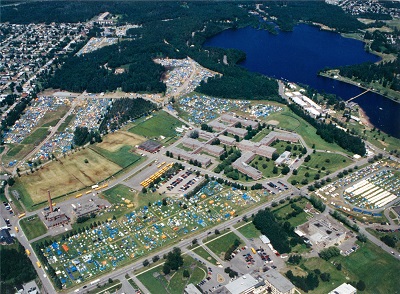 aerial shot of the cities and large groups of people