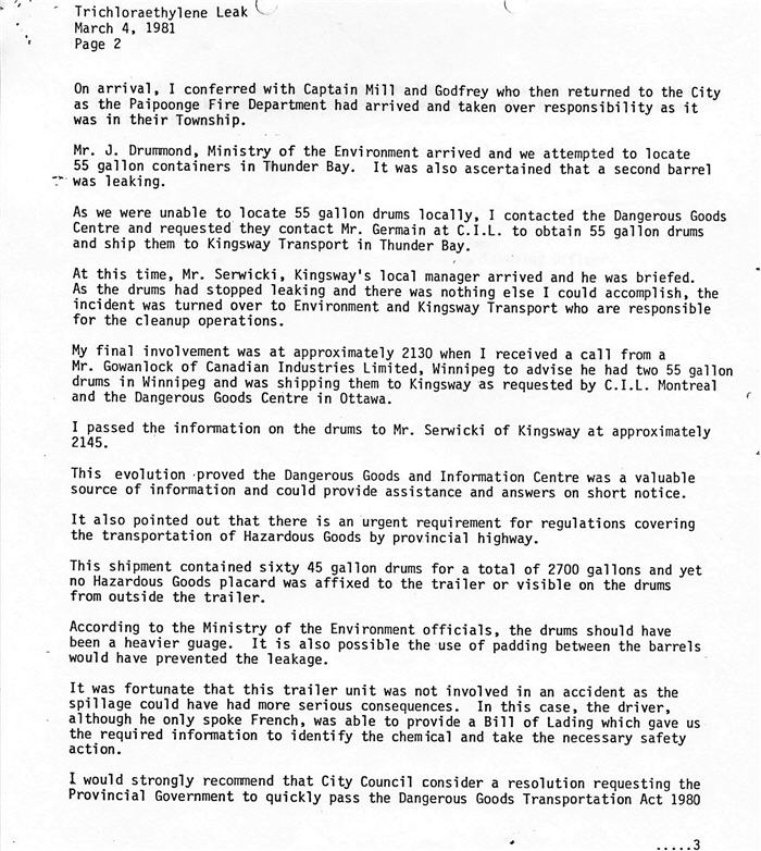 Page one of a typed document detailing a chemical leak