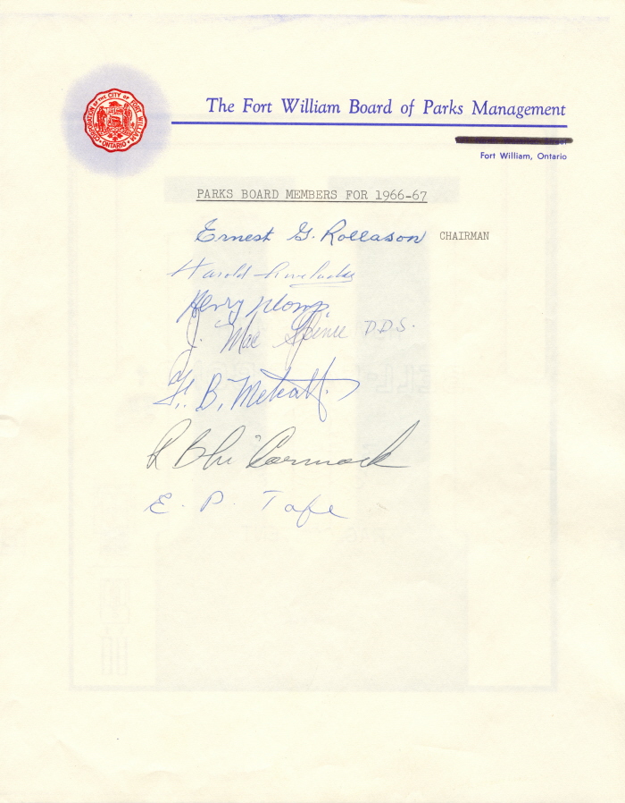 A document with the Fort William crest and headings with hand written names below