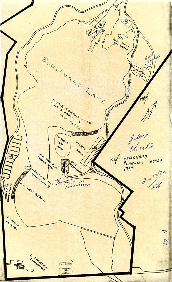 A handdrawn map of Boulevard Lake and the surrounding area