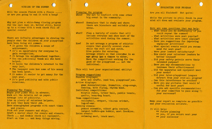 A pamphlet with activties for play and playgrounds