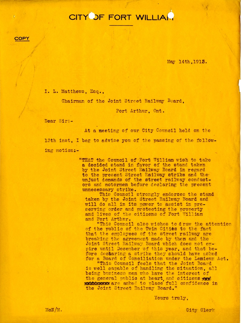 a typed paper detailing the City of Fort William standing against striking workers