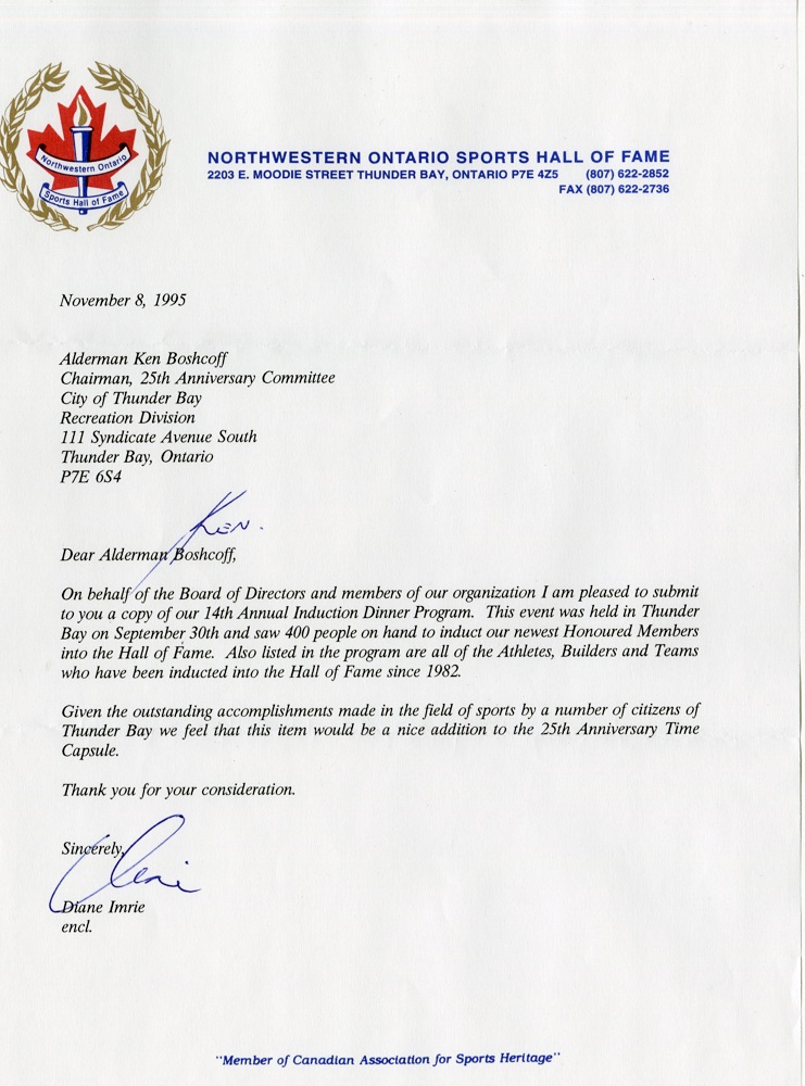 Northwestern Ontario Sports Hall of Fame Letter