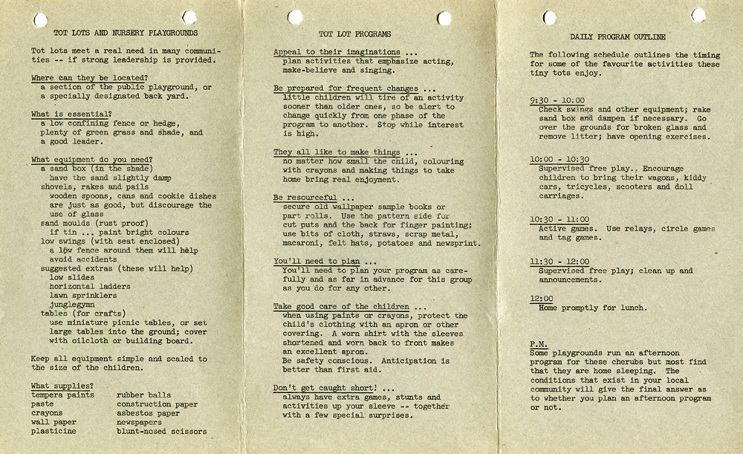 a pamphlet detailing activties for play and playgrounds