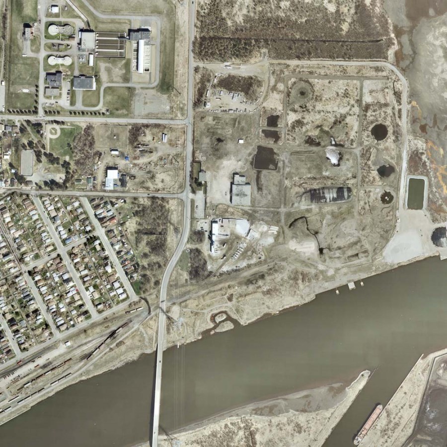 A coloured aerial photo of the waterfront and surrounding area